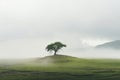 a lone tree stands on top of a hill in a foggy field Royalty Free Stock Photo