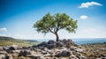 a lone tree stands on top of a rocky hill