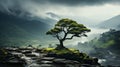 a lone tree stands on top of a rocky hill in the middle of a valley Royalty Free Stock Photo