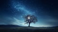 lone tree under a blue night sky with the moon shining through its branches creating a magical and serene landscape Royalty Free Stock Photo