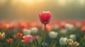 A lone tulip standing tall in a field of muted hues. large copyspace area