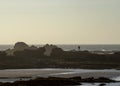 Lone walker on the rocky seafront, early morning