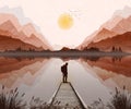 Lone walker takes break, with view over lake and mountains. Landscape illustration