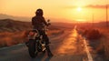 Lone Wolf A lone biker on the open road, donning a worn leather jacket, an oldschool motorcycle helmet, and a vintage