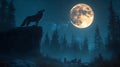 Lone wolf howling at full moon, forest night, pack below Royalty Free Stock Photo