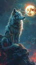 A Lone Wolf Howls Under a Full Moon in a Wintery Forest Royalty Free Stock Photo