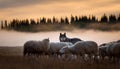 Lone Wolf Observing Sheep in Misty Sunset Landscape Royalty Free Stock Photo