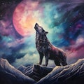 Wild wolf howling at the moon with a full moon. Lone Wolf\'s Serenade Under the Cosmic Ballet. Howl of the Wilderness. Royalty Free Stock Photo