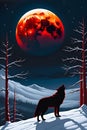 A lone wolf silhouetted againts a blood-red moon, its howl echoing through a stark, snow-covered landscape, painting art, tree Royalty Free Stock Photo