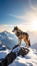 Lone Wolf Standing on Snowy Mountain Peak Under a Bright Sky Royalty Free Stock Photo