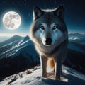 Lone wolf stands on mountain ridge, with snow and full moon