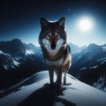 Lone wolf stands on mountain ridge, with snow and full moon