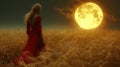 Moonlit Serenity: Woman in Red Amidst the Wheat Under Full Moon Royalty Free Stock Photo