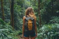 Contemplative Female Solo Traveler Amidst the Lush Greenery of a Misty Forest. Generative AI
