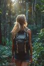 Contemplative Female Solo Traveler Amidst the Lush Greenery of a Misty Forest. Generative AI