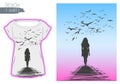 A lone woman walks away, the birds circling over her head.