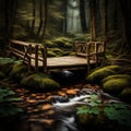 A lone wooden bridge crossing a babbling brook in an enchanted forest.