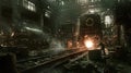 A lone worker operates a large press in a dimly lit industrial setting, sparks flying from the heated metal