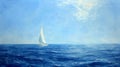 A lone yacht sails through the vast expanse of blue ocean its white sails billowing in the wind. The endless horizon Royalty Free Stock Photo