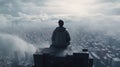 Loneliness on the cloud: a person sitting on a roof looking at the city