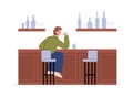 Lonely sad man drinking alone in pub, flat vector illustration isolated. Royalty Free Stock Photo