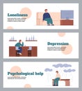 Loneliness and depression psychological problem banners, vector illustration. Royalty Free Stock Photo