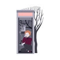 Loneliness with Lonely Man Character Sitting in Phonebooth Feeling Depression and Sadness Vector Illustration