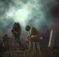 Loneliness Man Loss of Mother Grieving Tombstone Illustration