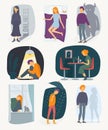 Loneliness people. Depressed rain feeling of fearfully stressed characters vector people collection