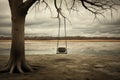 Loneliness portrayed an empty swing hanging on a tree in a surreal natural landscape