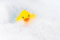 Loneliness yellow rubber duck for bathing is floating in surface of hot water among relaxing bubble baths, top view