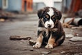 Lonely and adorable puppy exploring the eerie streets of a dark, abandoned city under the moonlight Royalty Free Stock Photo