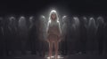 a lonely anime inspired woman standing lonely in front of people, dont give up, spotlight scene, ai generated image