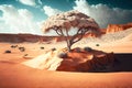 lonely arid tree in desert full of sand against backdrop of low cliffs and white clouds