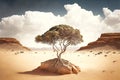 lonely arid tree in desert full of sand against backdrop of low cliffs and white clouds