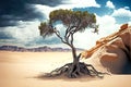 lonely arid tree in desert full of sand against backdrop of low cliffs and white clouds