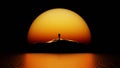 Lonely astronaut looks at sunset on deserted planet. Contrasting Martian Landscape. Cosmonaut on background of large yellow red