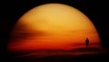 Lonely astronaut looks at sunset on deserted planet. Contrasting Martian Landscape. Cosmonaut on background of large yellow red