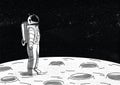 Lonely astronaut in spacesuit standing on surface of Moon and looking at space full of stars. Cosmonaut exploring planet Royalty Free Stock Photo