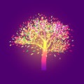 Lonely autumn tree with bright foliage, on a dark ultraviolet background