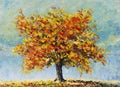 Lonely autumn tree, fallen leaves, clouds, painting