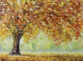 Lonely autumn tree, fallen leaves, clouds, painting Royalty Free Stock Photo