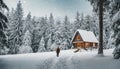 Lonely backpacker arriving to a hiden in deep snowy forest hut to spend there time. A Lone backpacker\'s retreat Royalty Free Stock Photo