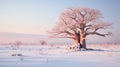 Lonely Baobab: Captivating Snowfield Scene With Soft Pink Hues