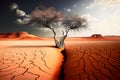 Lonely bare dry tree on cracked earth. Climate change with desertification process. Generated AI