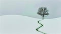 Lonely bare tree on top of snowy hill and path with green grass through snow symbolizing vitality and unquenchable