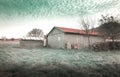 Lonely barn on the field in front of abstract green sky