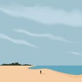Lonely beach with a person in the middle. Minimalist landscape. Vector illustration, flat design