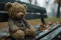Lonely bear in a knitted sweater on a park bench in a rainy park.