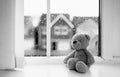 Lonely bear toy sitting alone looking out of window,Black and White Sad teddy bear doll sitting next to window in rainy day,
